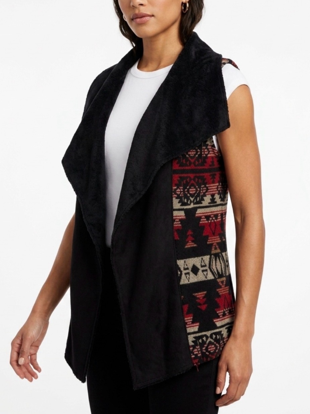 ANAMA Southwestern Pattern Drape Front Vest with Black Faux Fur Lapel Sz Medium